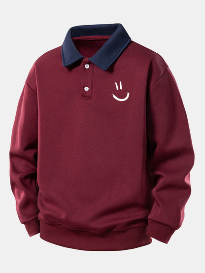 Relaxed Fit Smiley Face Print Kontrast Poloshirts Sweatshirt