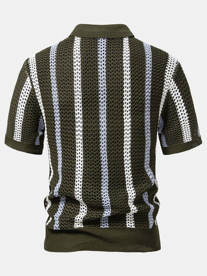 Gestreiftes Poloshirt mit Häkel-V-Ausschnitt und gerade geschnittene Leinenhose