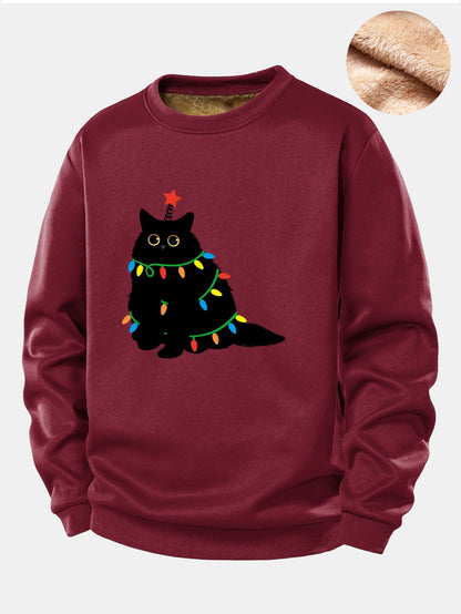 Weihnachtslichter Schwarze Katze Druck Teddy Fleece Gefüttertes Sweatshirt