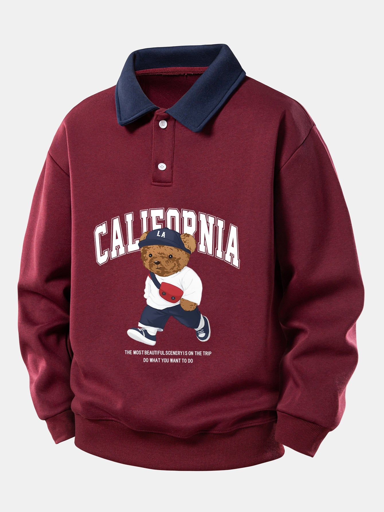 California Style Relaxed Fit Bear Print Contrast Polo Sweatshirt