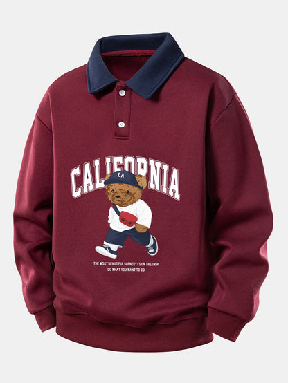 California Style Relaxed Fit Bear Print Contrast Polo Sweatshirt