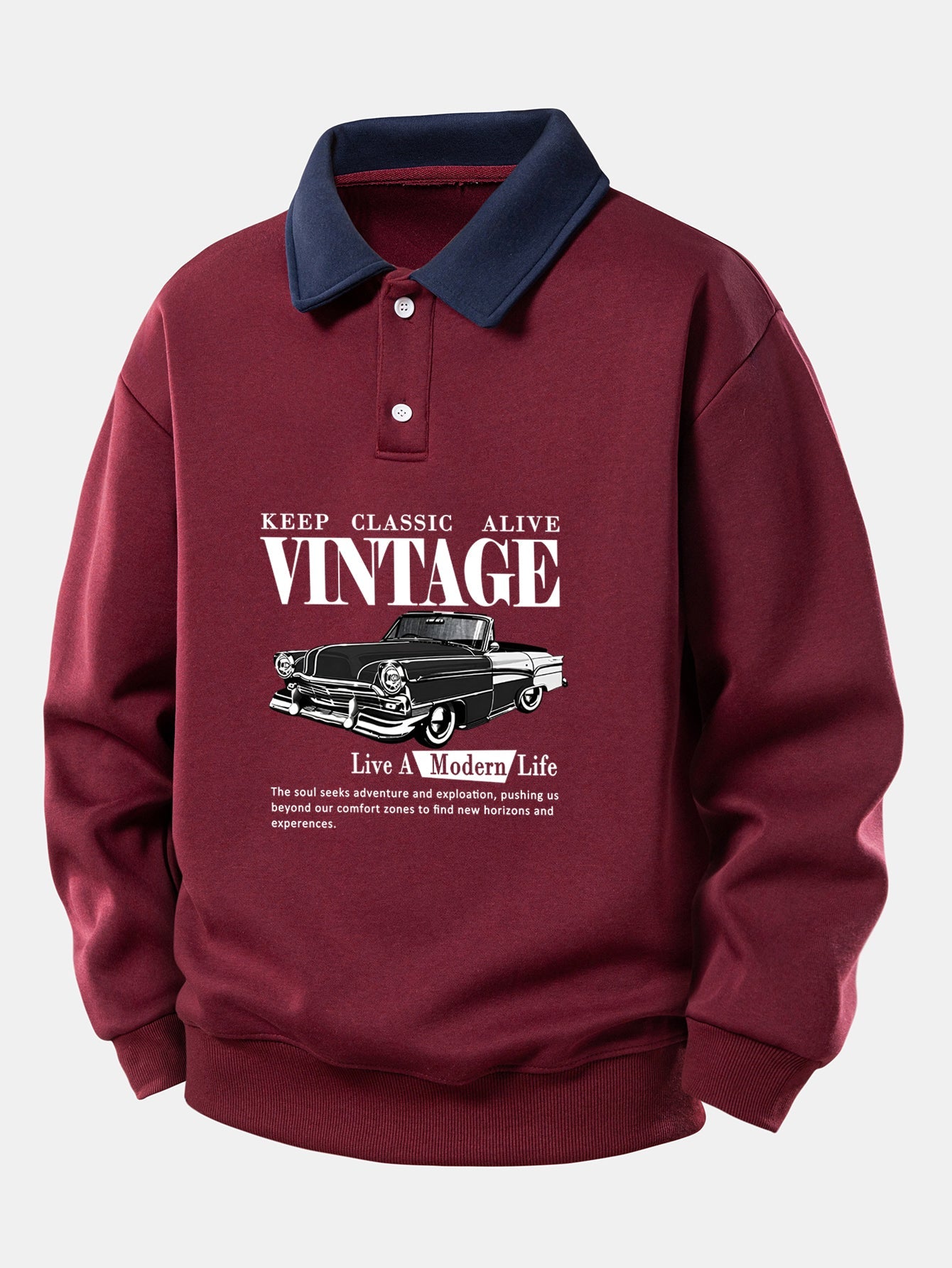 Vintage Auto Print Contrast Polo Sweatshirt - Relaxed Fit