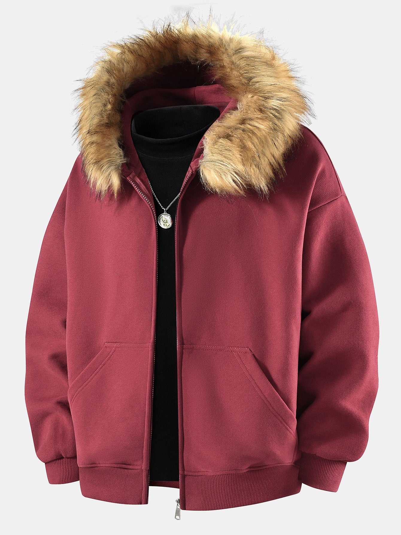 Locker sitzende Kapuzenjacke mit Reißverschluss und Kunstpelzkragen