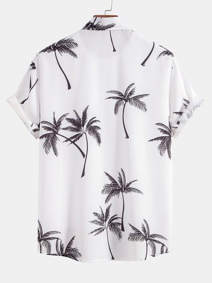 Button-Up Shirt with Palm Tree Print & Striped Swim Trunks