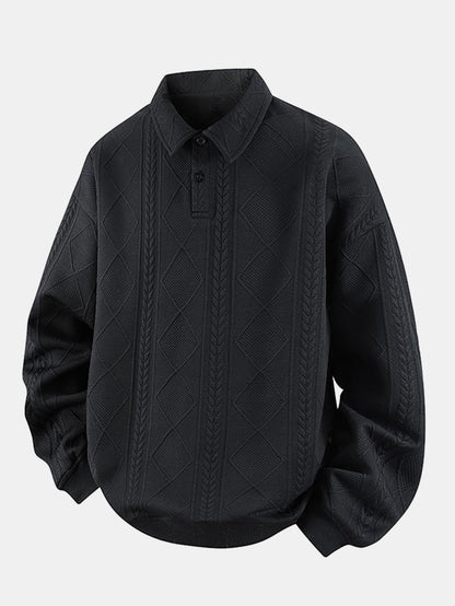Geometric Jacquard Polo Collar Sweatshirt