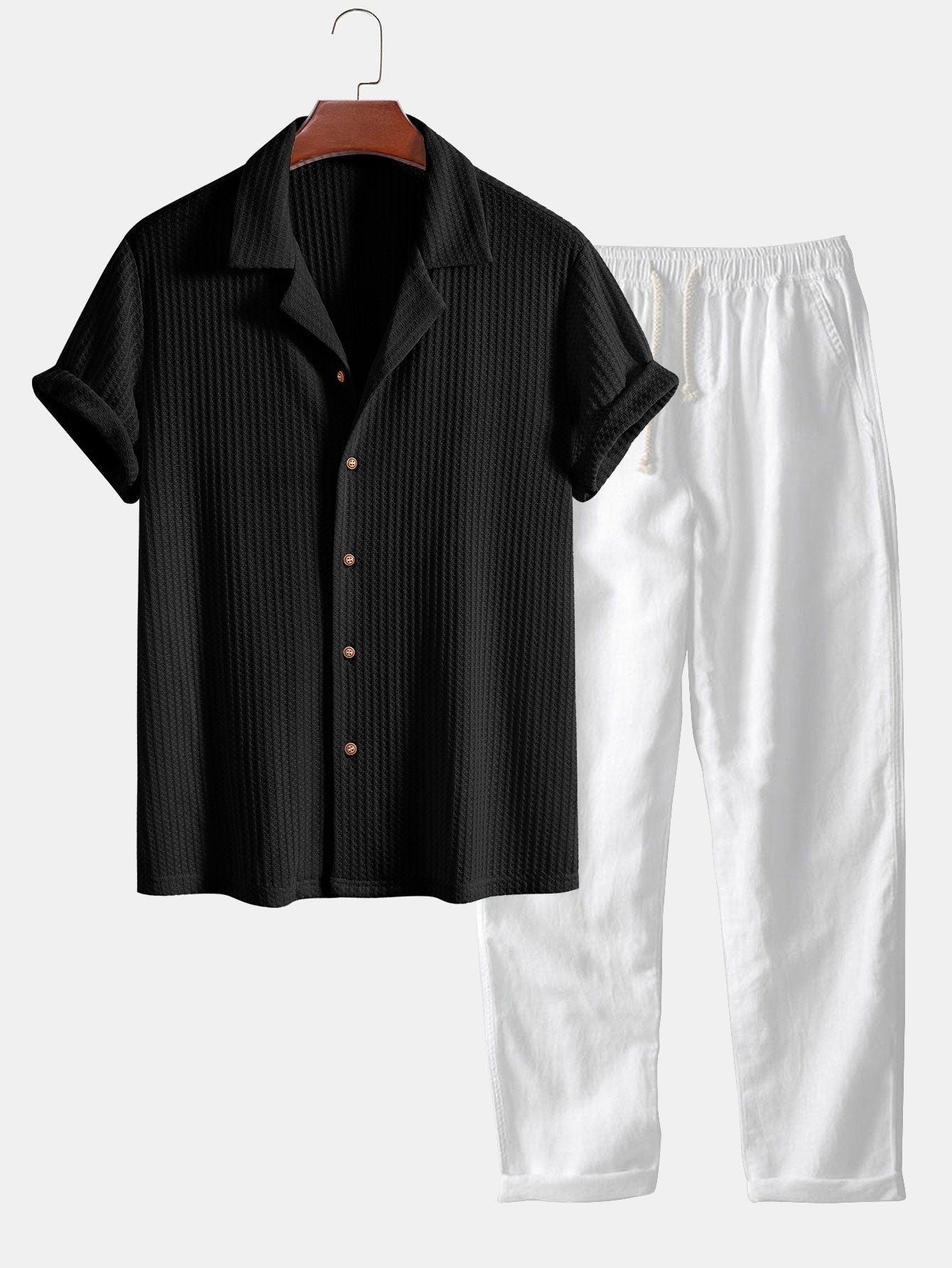 Short Sleeve Knit Waffle Cuban Shirt & Straight Leg Linen Pants