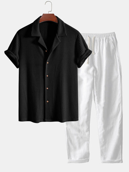 Short Sleeve Knit Waffle Cuban Shirt & Straight Leg Linen Pants