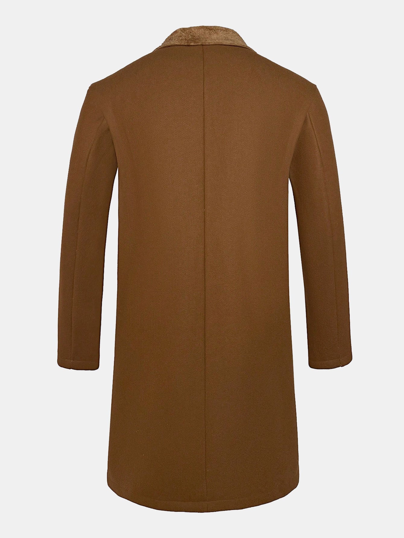 Langer Kunstwollmantel mit Teddyfleece-Kragen" can be rewritten as "Langer Mantel aus Kunstwolle mit kuscheligem Teddyfleece-Kragen.