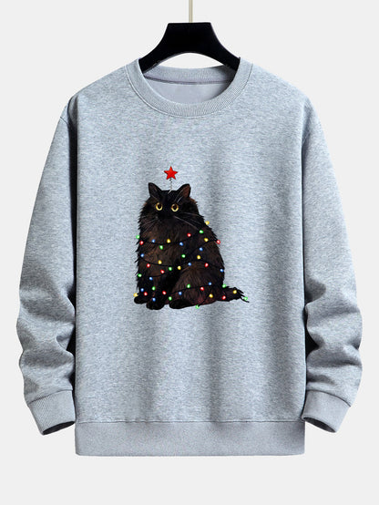Weihnachtslichter Schwarze Katze Druck Locker sitzendes Sweatshirt