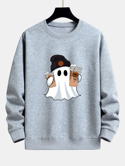 Halloween Ghost Coffee Print Relaxed Fit Sweatshirt
