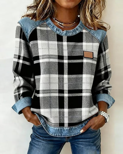 Stutz I Damen Freizeit Rundhals Denim Patchwork Pullover Sweatshirt