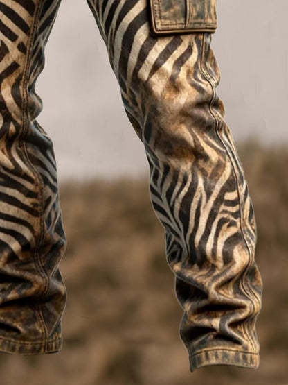 Vintage-Arbeitshose für Herren im Zebra-Print mit mehreren Taschen