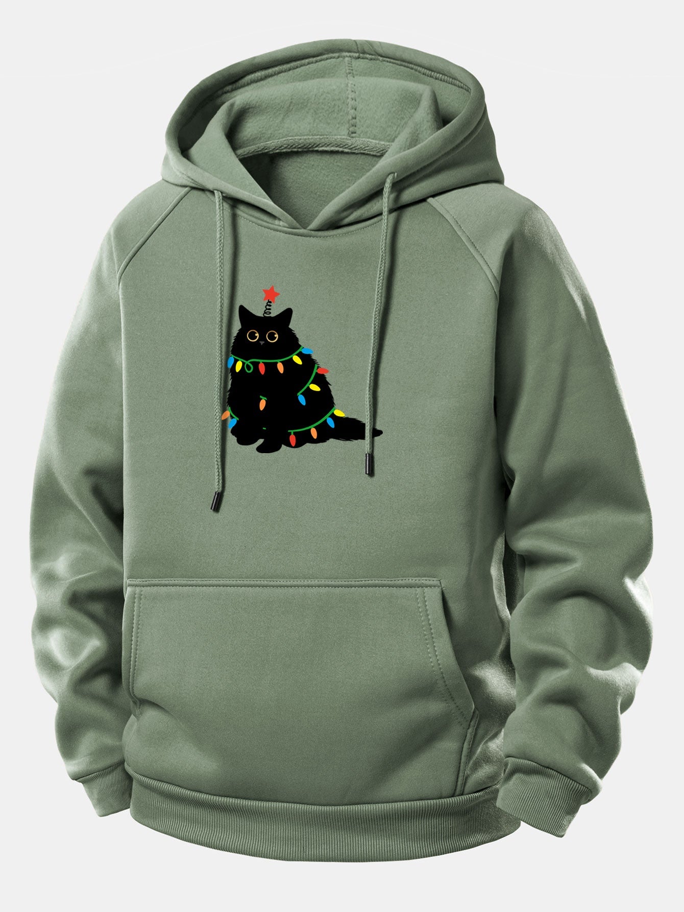 Schwarze Katze Weihnachtslichter Kordelzug Kapuzenpullover
