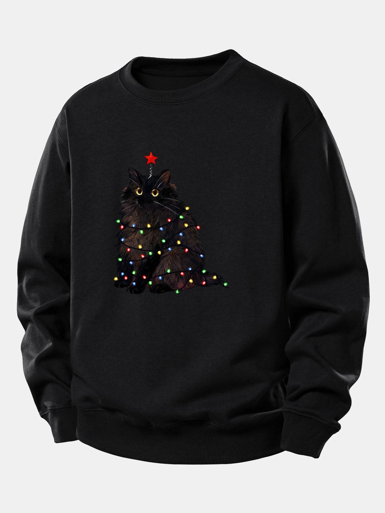 Schwarze Katze Druck Sweatshirt mit Weihnachtslichtern - Lockerer Sitz