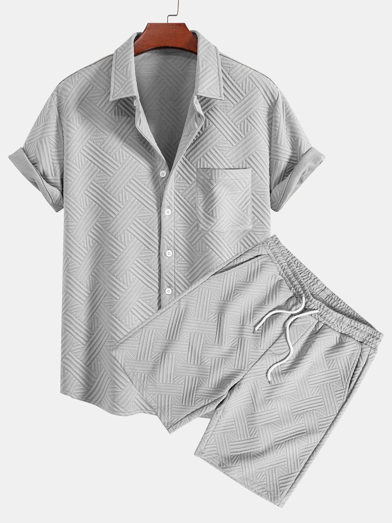 Gestreiftes Jacquard-Hemd mit Knopfleiste und Shorts mit Kordelzug