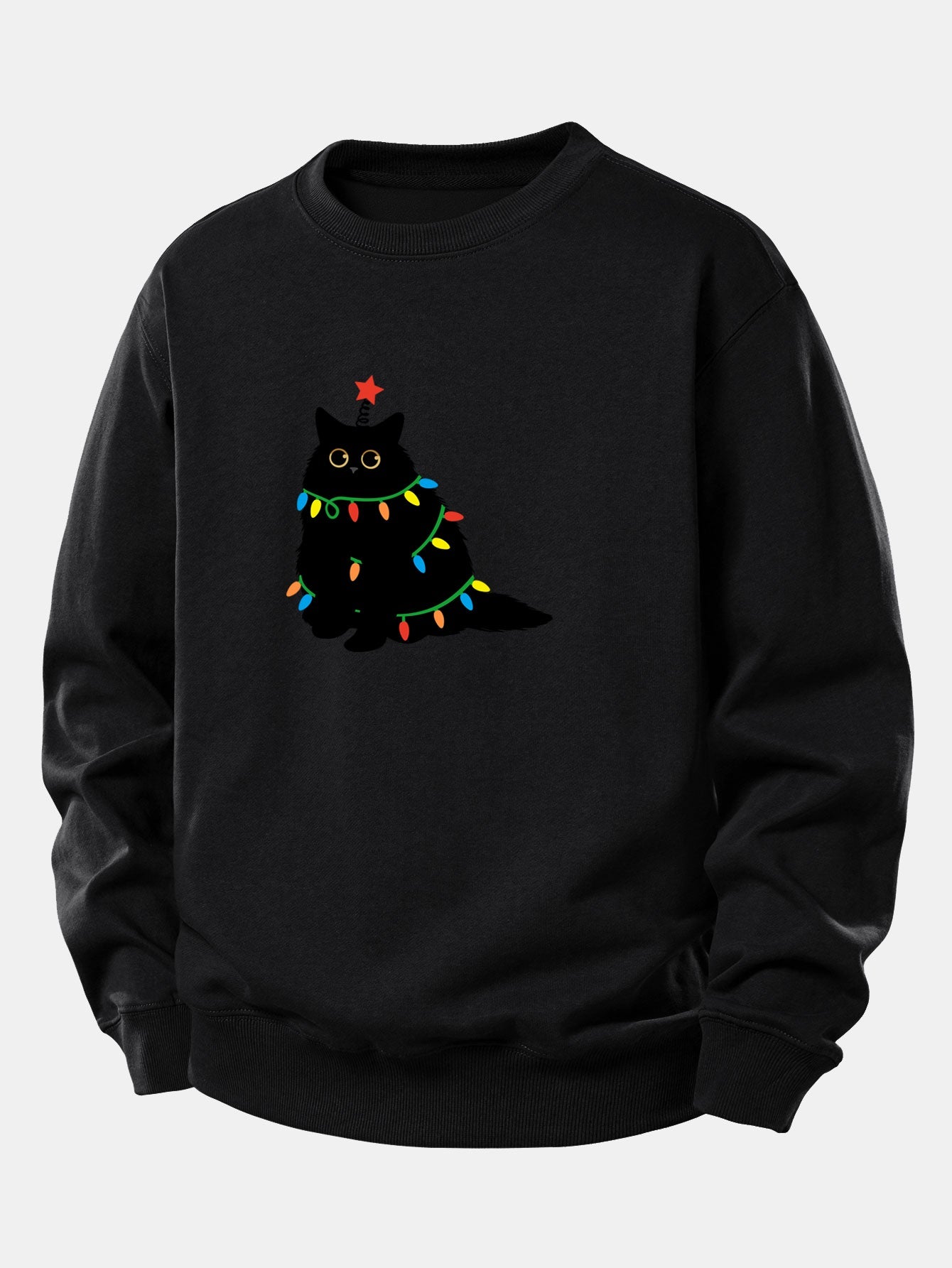 Buntes Licht Schwarze Katze Druck Locker Sitzendes Sweatshirt