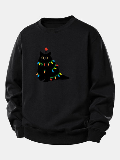 Buntes Licht Schwarze Katze Druck Locker Sitzendes Sweatshirt