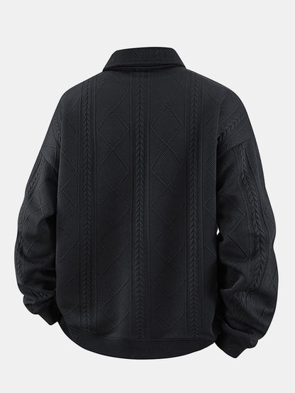 Geometric Jacquard Polo Collar Sweatshirt