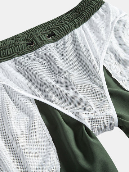 Hawaii-Palmbaum-Print Leinen-Optik Baumwollhemd mit Knöpfen und Badeshorts