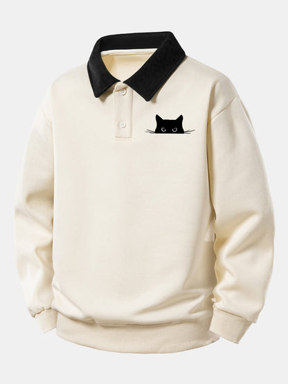 Relaxed Fit Schwarzes Katzenmotiv Kontrast Poloshirts Sweatshirt