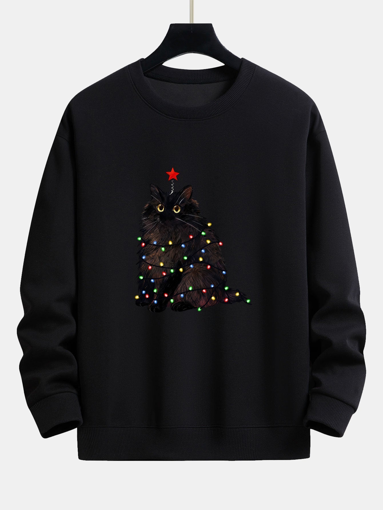 Weihnachtslichter Schwarze Katze Druck Locker sitzendes Sweatshirt