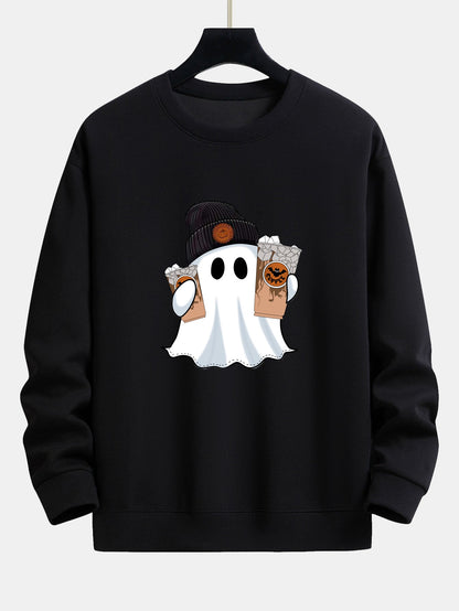 Halloween Ghost Coffee Print Relaxed Fit Sweatshirt
