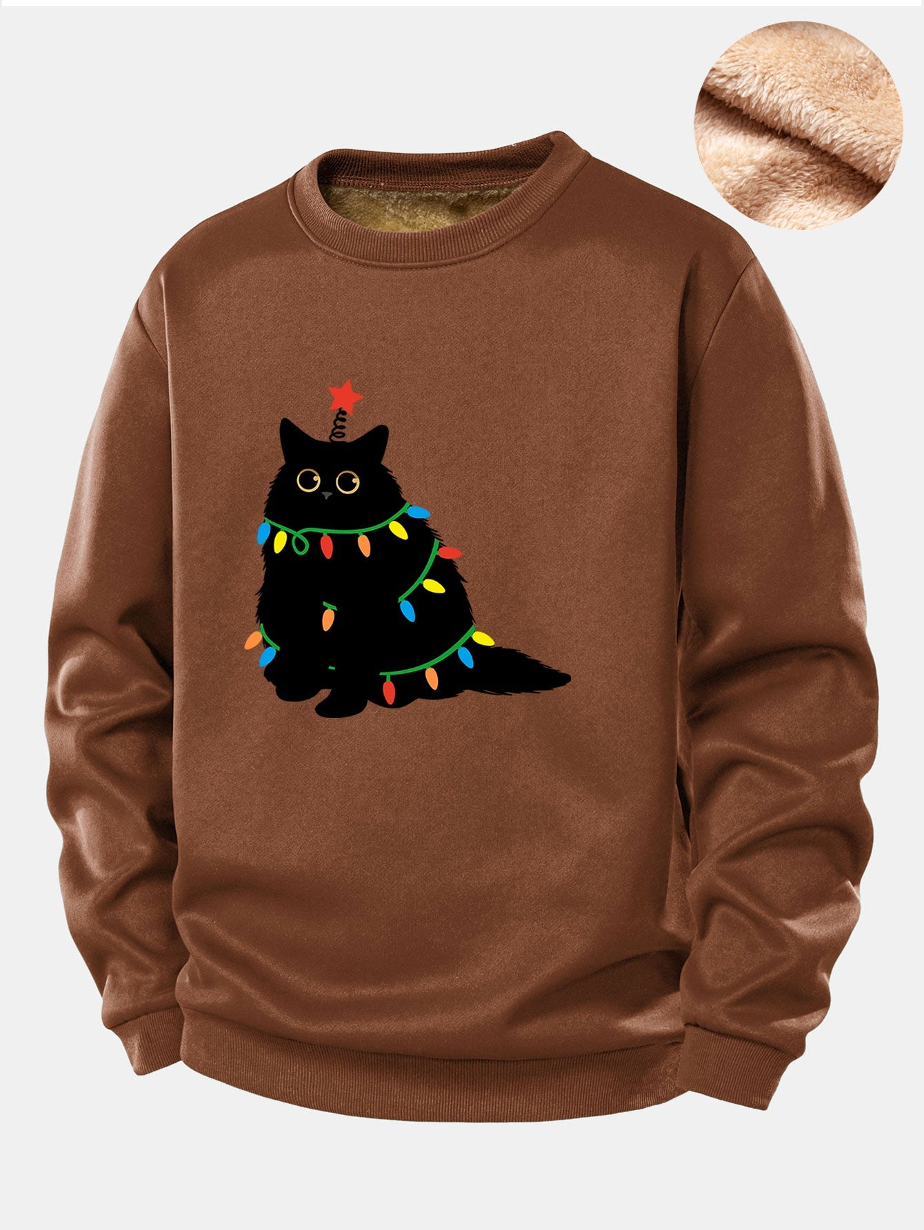 Weihnachtslichter Schwarze Katze Druck Teddy Fleece Gefüttertes Sweatshirt