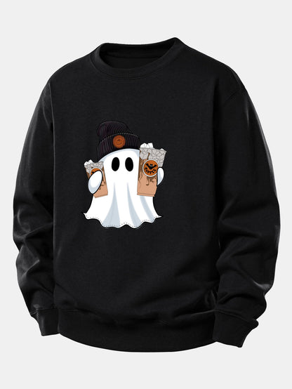 Halloween Geist Kaffee Grafik Sweatshirt mit lockerem Schnitt