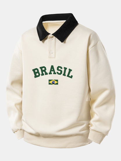 Relaxed Fit Brazil Print Contrast Polo Sweatshirt