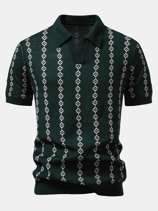 V-Ausschnitt Poloshirt mit geometrischem Strickmuster