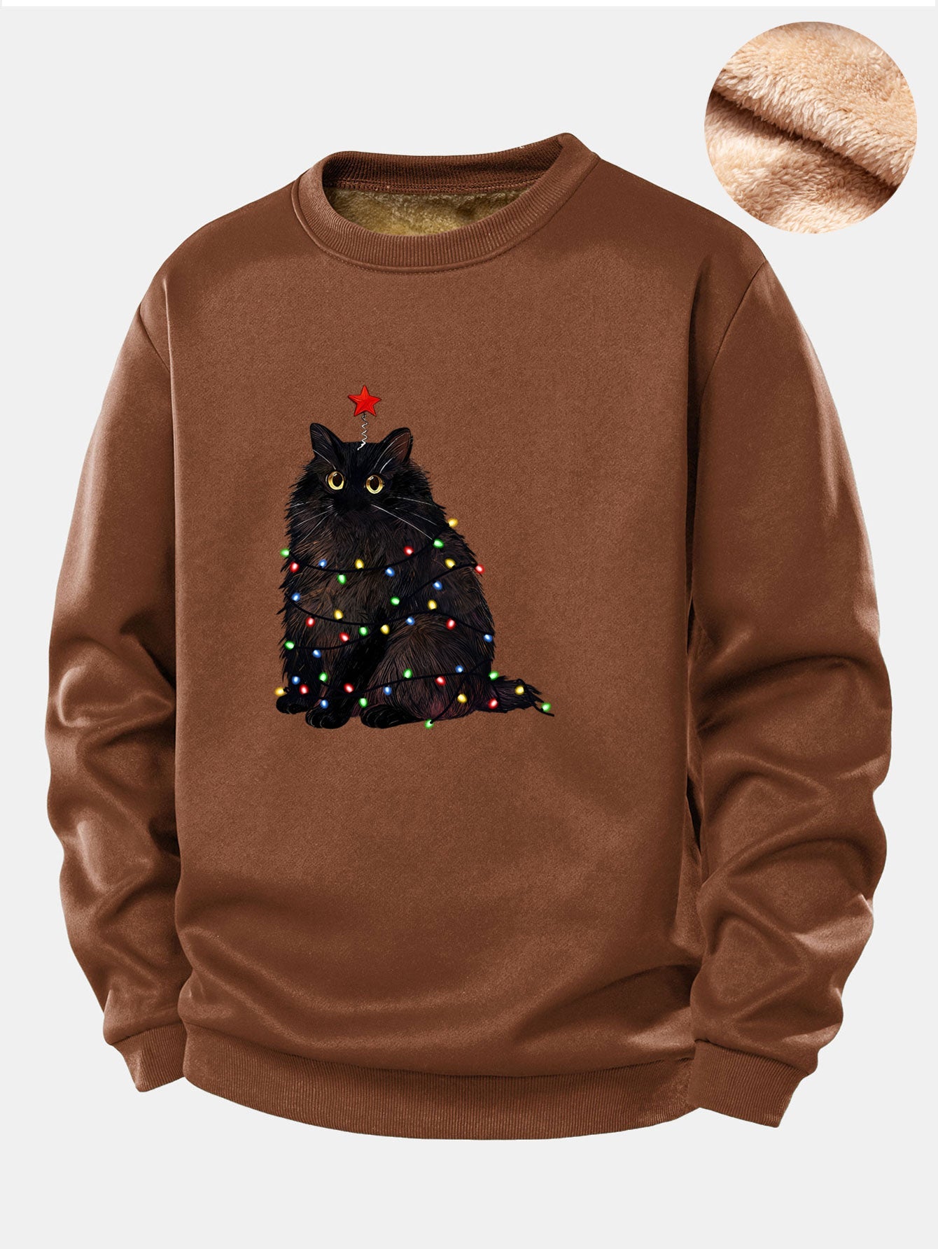 Weihnachtslichter Schwarze Katze Druck Teddy Fleece Gefüttertes Sweatshirt
