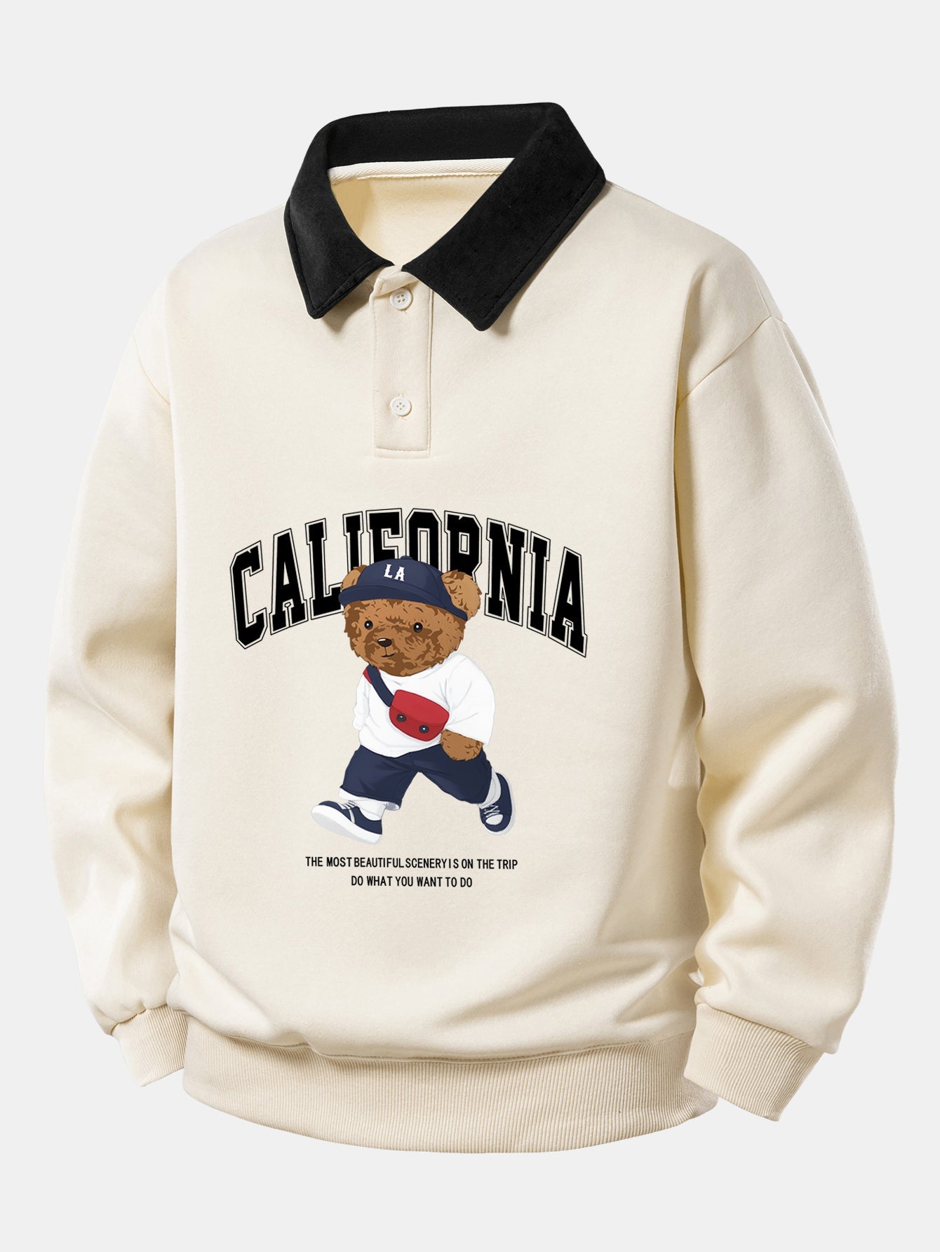 California Style Relaxed Fit Bear Print Contrast Polo Sweatshirt