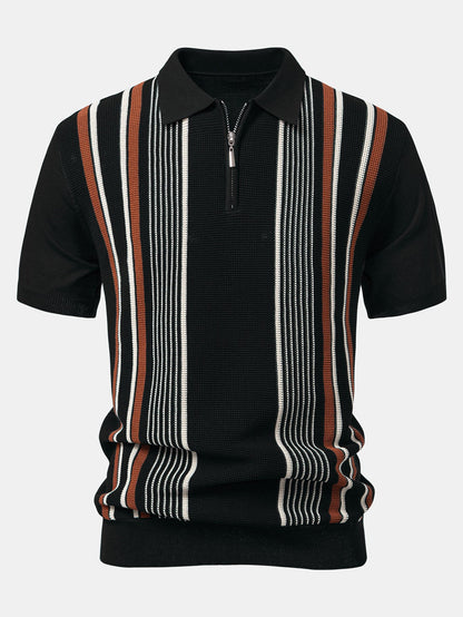 Gestreiftes Strick-Poloshirt mit Reißverschluss und gerade geschnittene Ripp-Hose