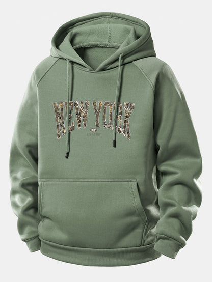 Camouflage New York Print Hoodie with Drawstring