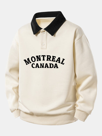 Relaxed Fit Montreal Canada Graphic Contrast Polo Sweatshirt