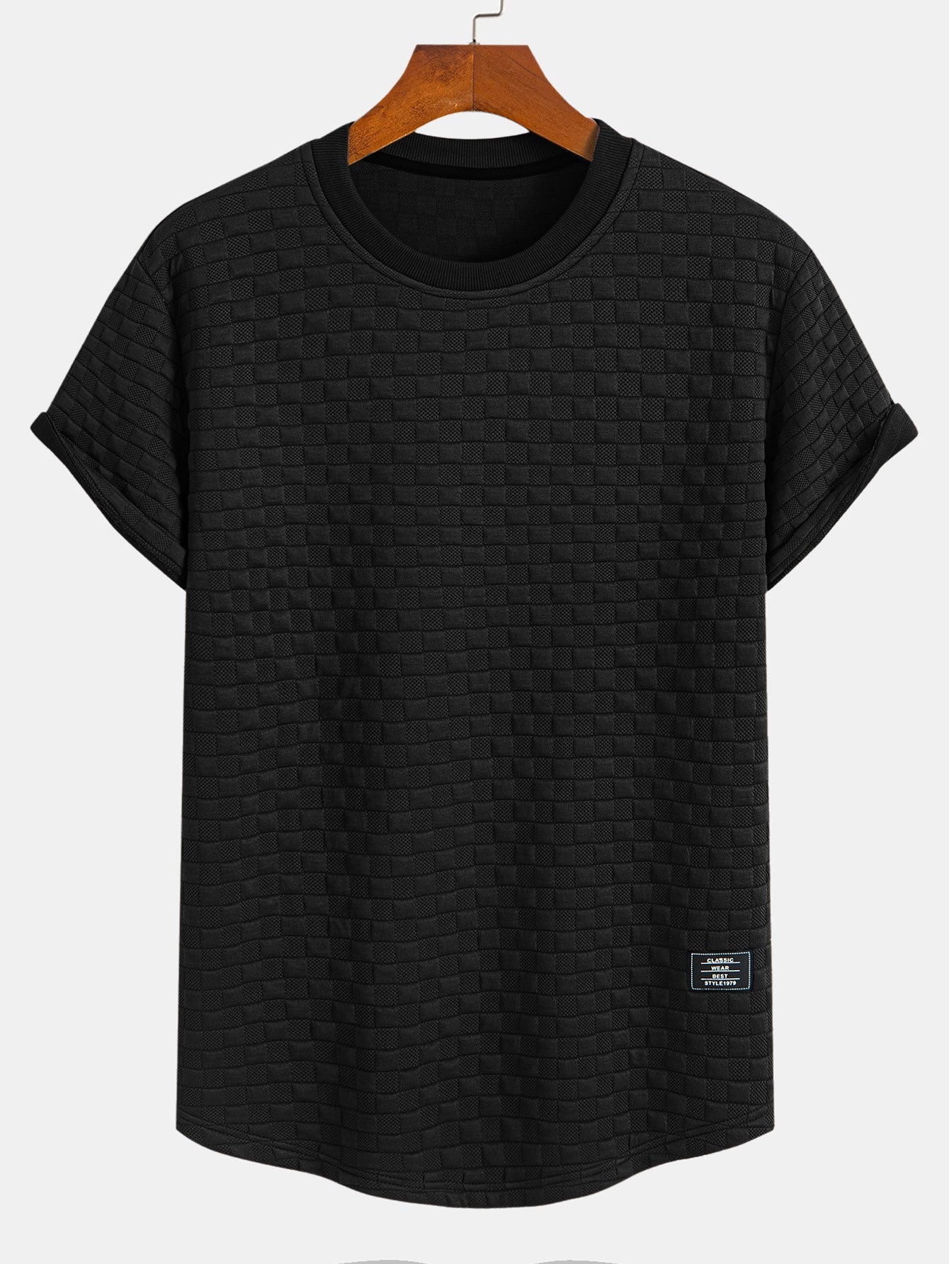 Jacquard T-Shirt mit Schachbrettmuster und Bogen-Saum