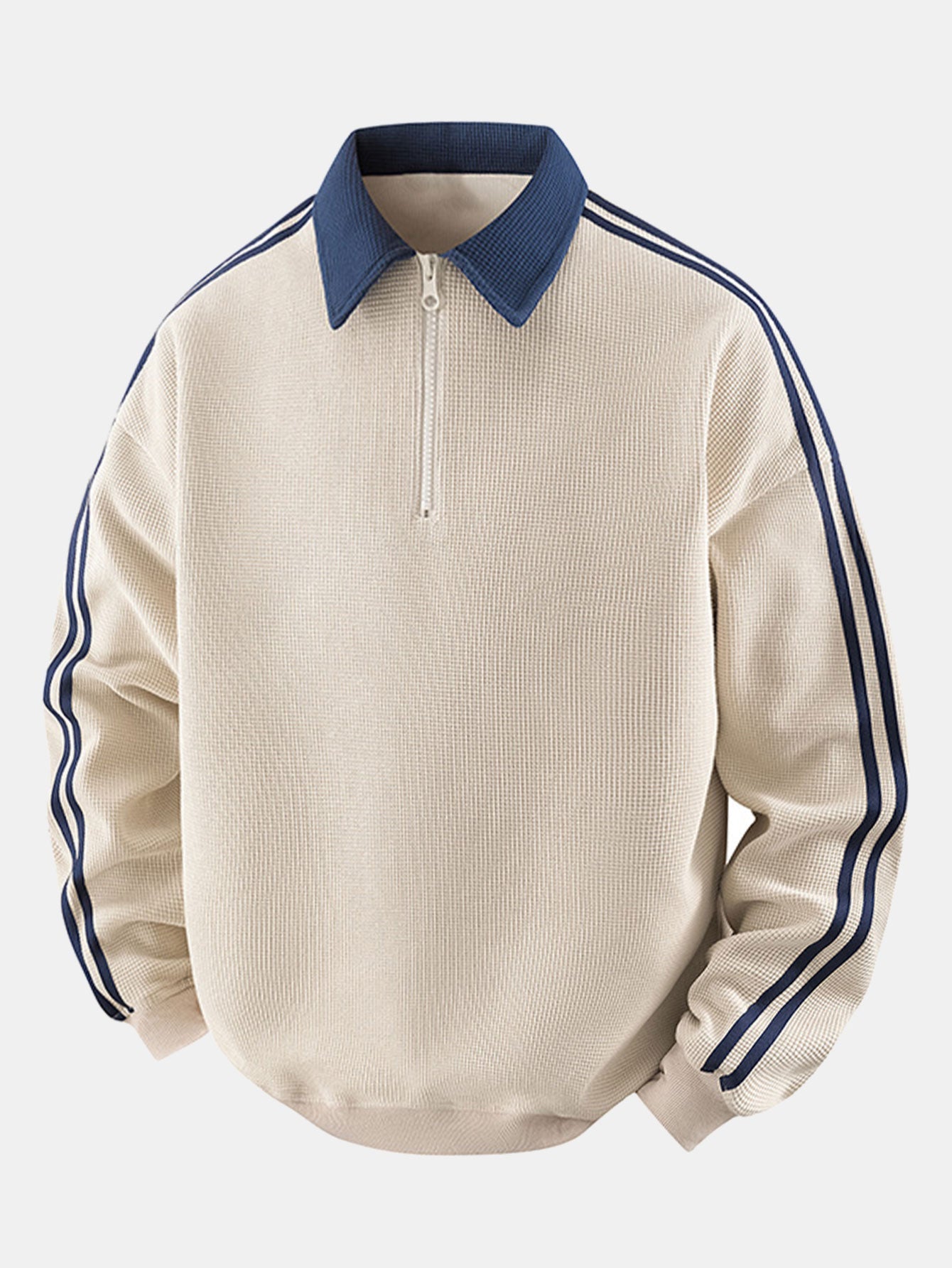 Gestreiftes Waffel-Poloshirt mit Rollkragen und Reißverschluss