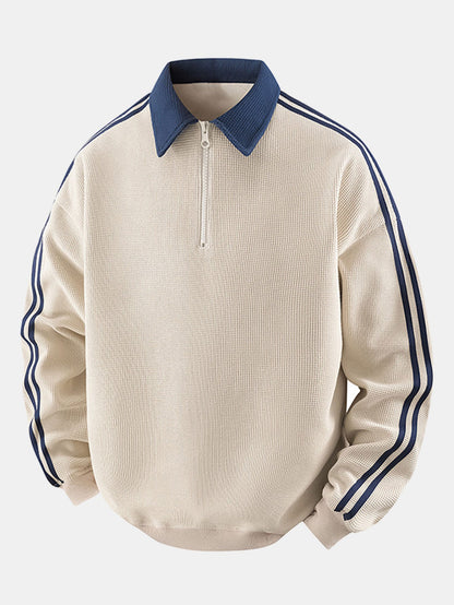 Gestreiftes Waffel-Poloshirt mit Rollkragen und Reißverschluss