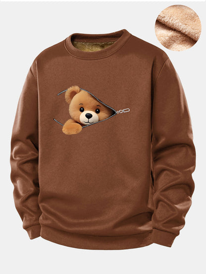 Reißverschluss Teddy Fleece Sweatshirt mit Bärenmotiv