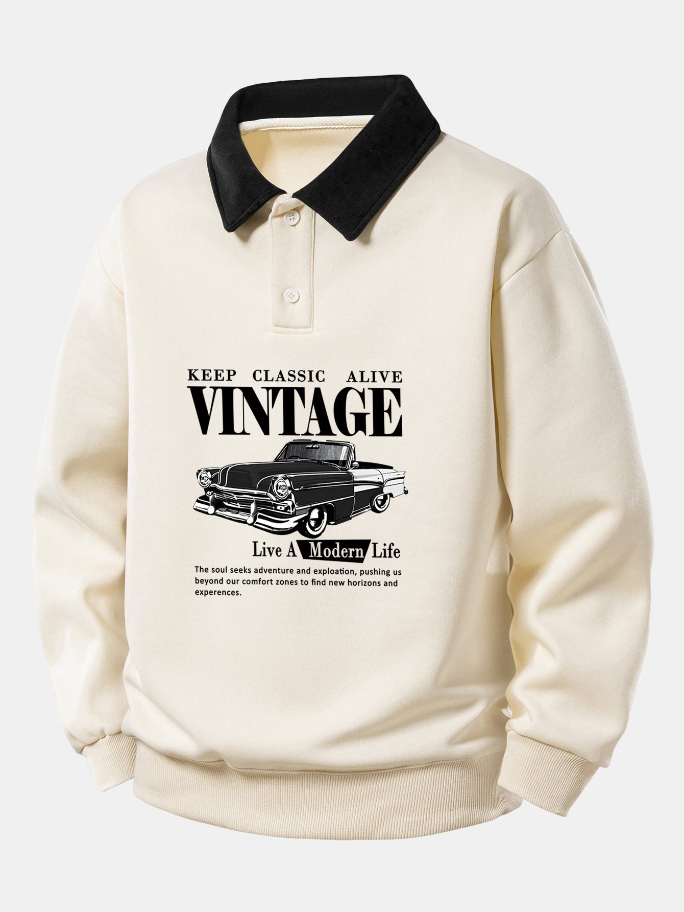 Vintage Auto Print Contrast Polo Sweatshirt - Relaxed Fit