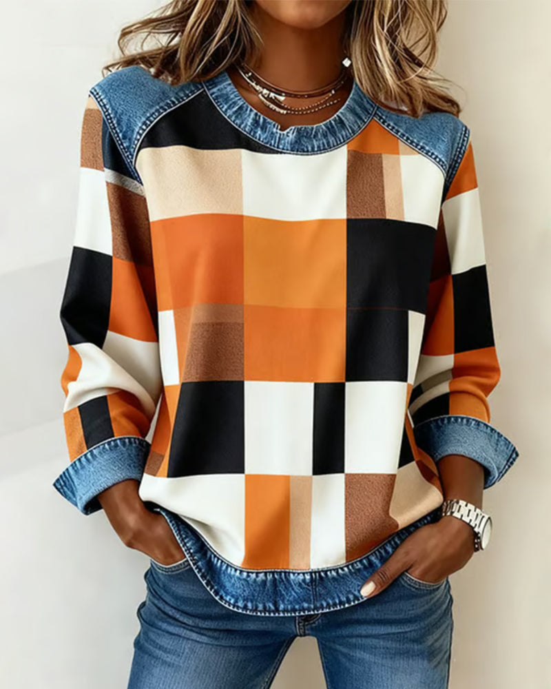 Stutz I Sweatshirt mit Karo-Patchwork und Kontrastfarbe