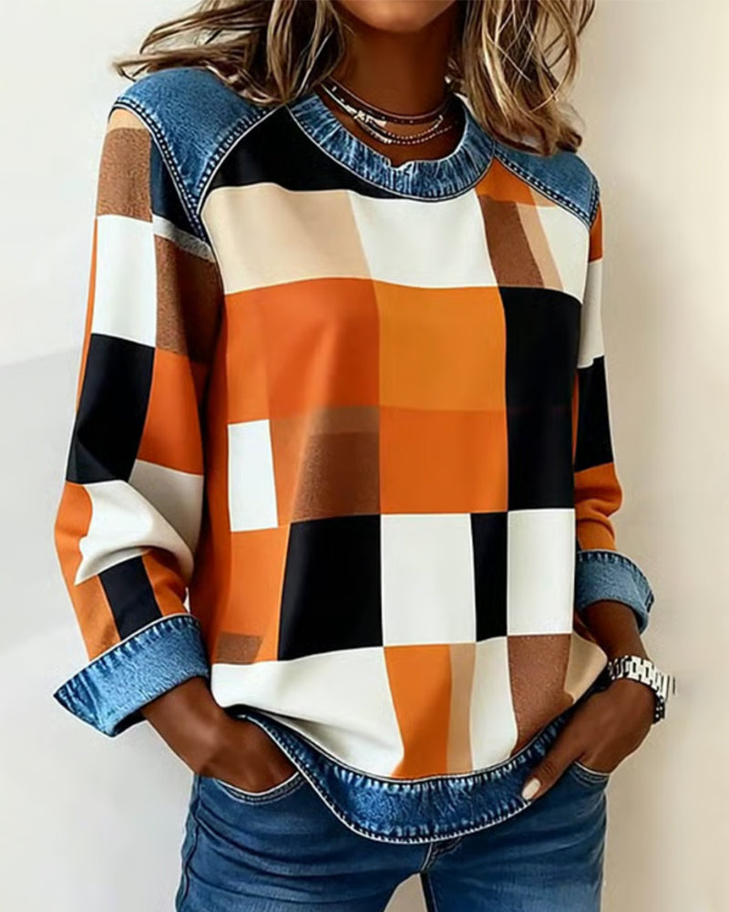 Stutz I Sweatshirt mit Karo-Patchwork und Kontrastfarbe
