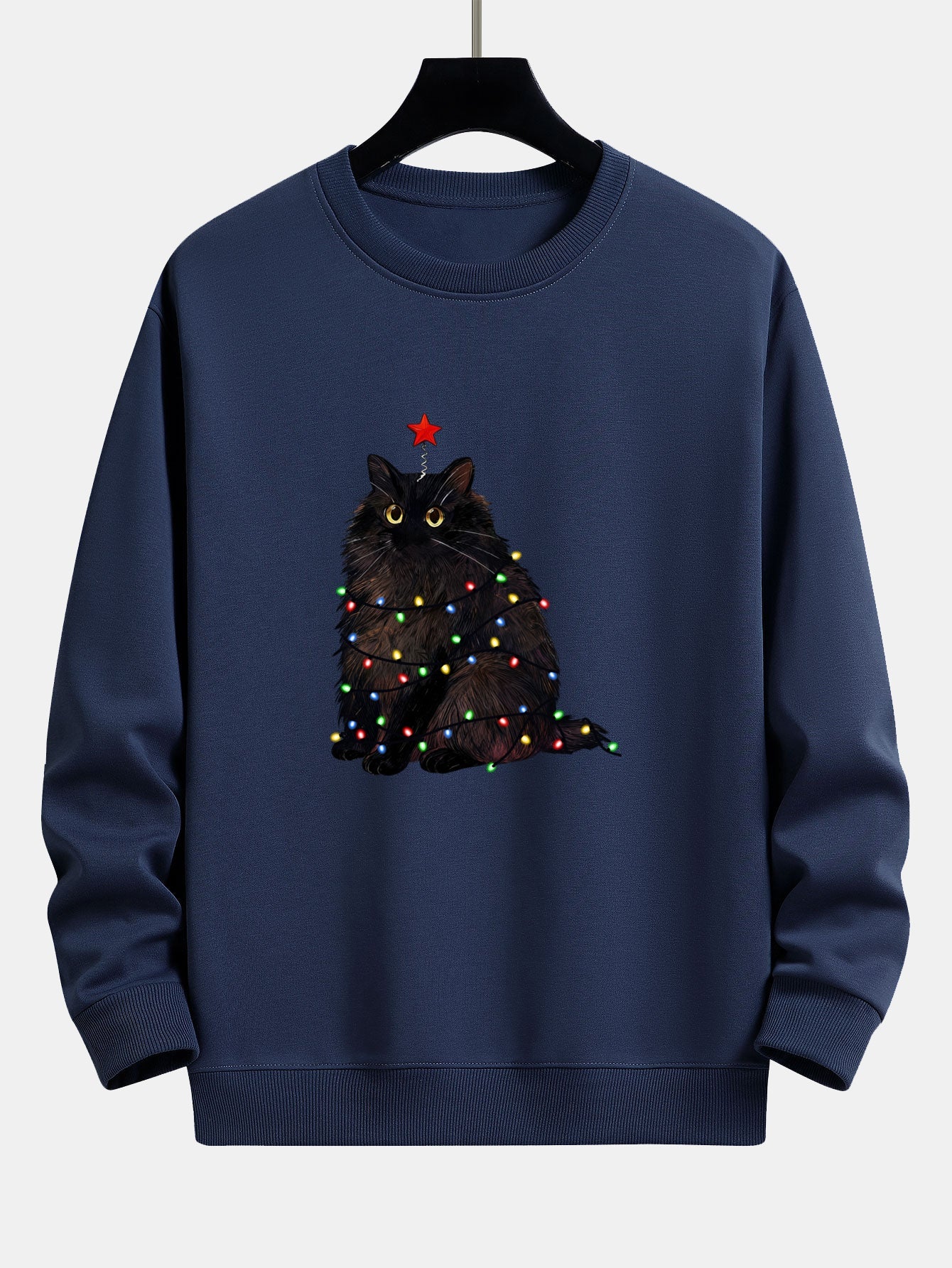 Weihnachtslichter Schwarze Katze Druck Locker sitzendes Sweatshirt