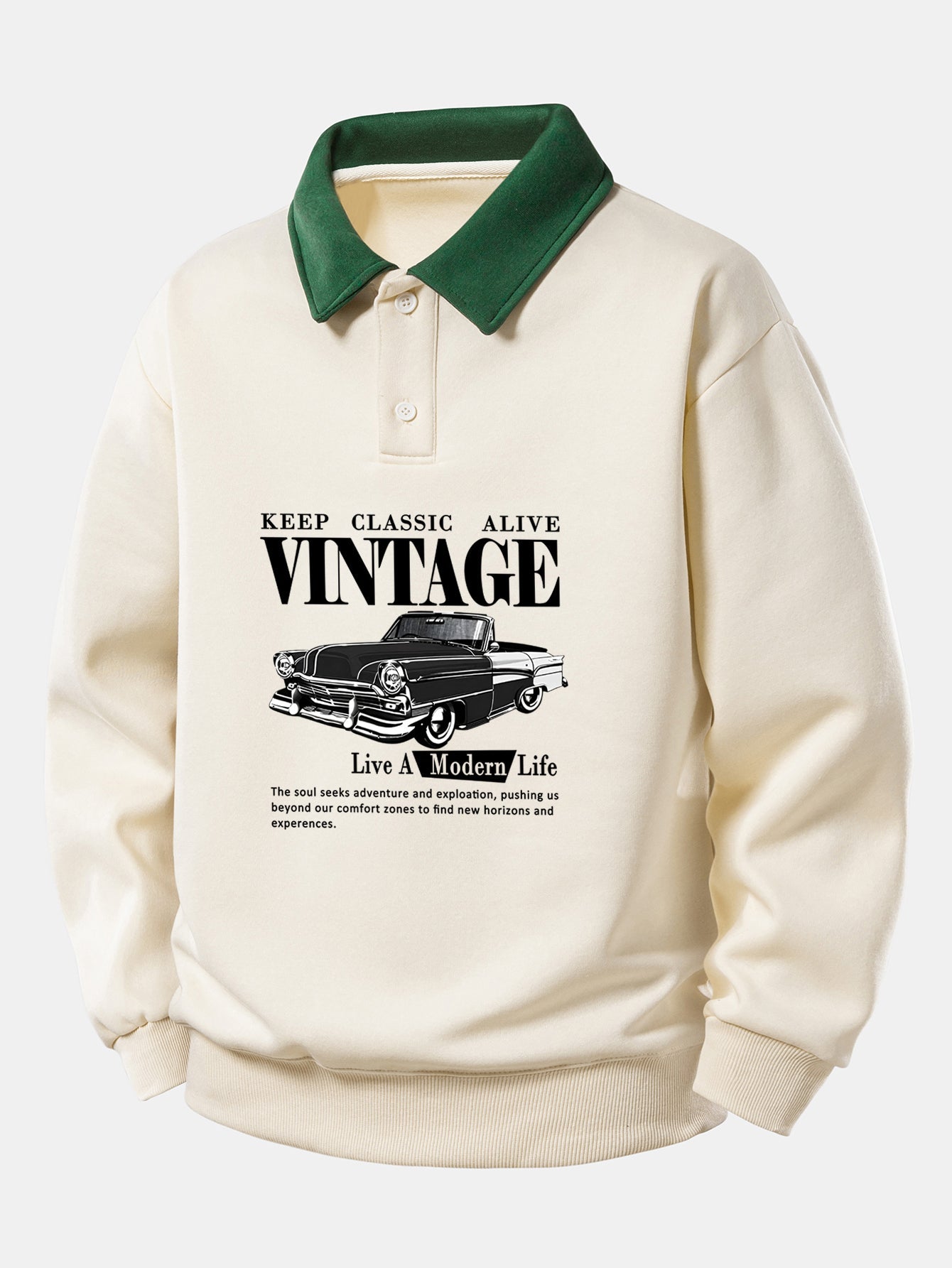 Vintage Auto Print Contrast Polo Sweatshirt - Relaxed Fit