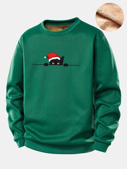 Weihnachts-Sweatshirt mit schwarzem Katzenmotiv und Teddy-Fleece-Futter