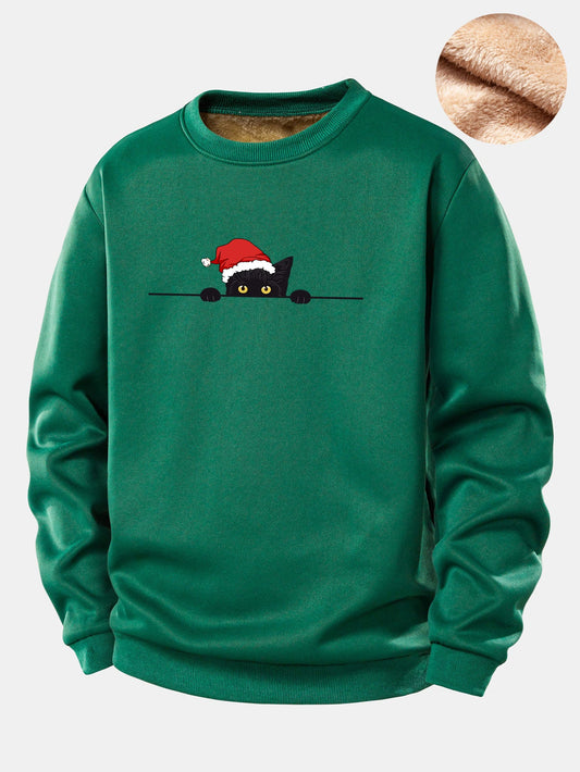 Weihnachts-Sweatshirt mit schwarzem Katzenmotiv und Teddy-Fleece-Futter