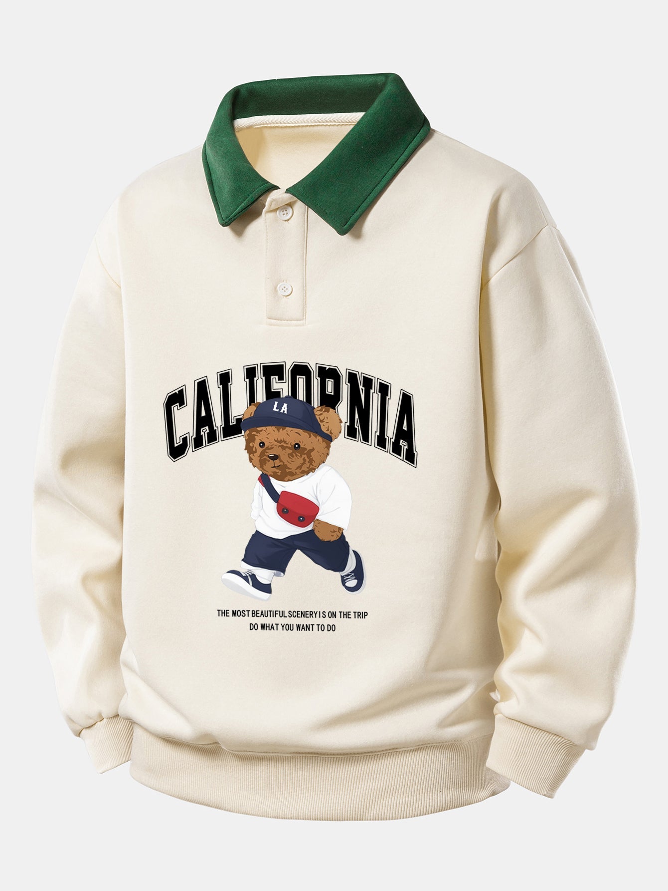 California Style Relaxed Fit Bear Print Contrast Polo Sweatshirt