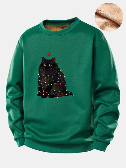 Weihnachtslichter Schwarze Katze Druck Teddy Fleece Gefüttertes Sweatshirt