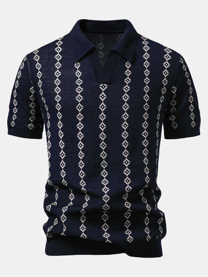 V-Ausschnitt Poloshirt mit geometrischem Strickmuster
