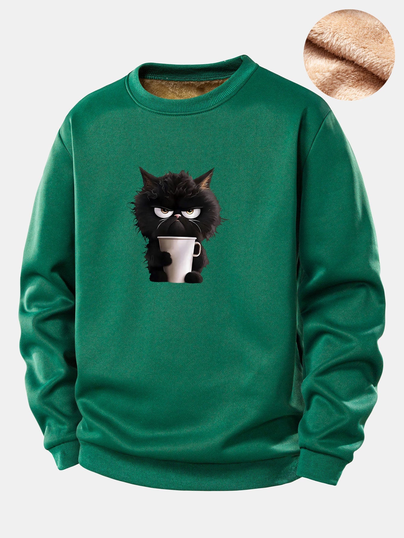 Schwarzes Katzen-Trink-Kaffee-Motiv Teddy-Fleece-gefüttertes Sweatshirt